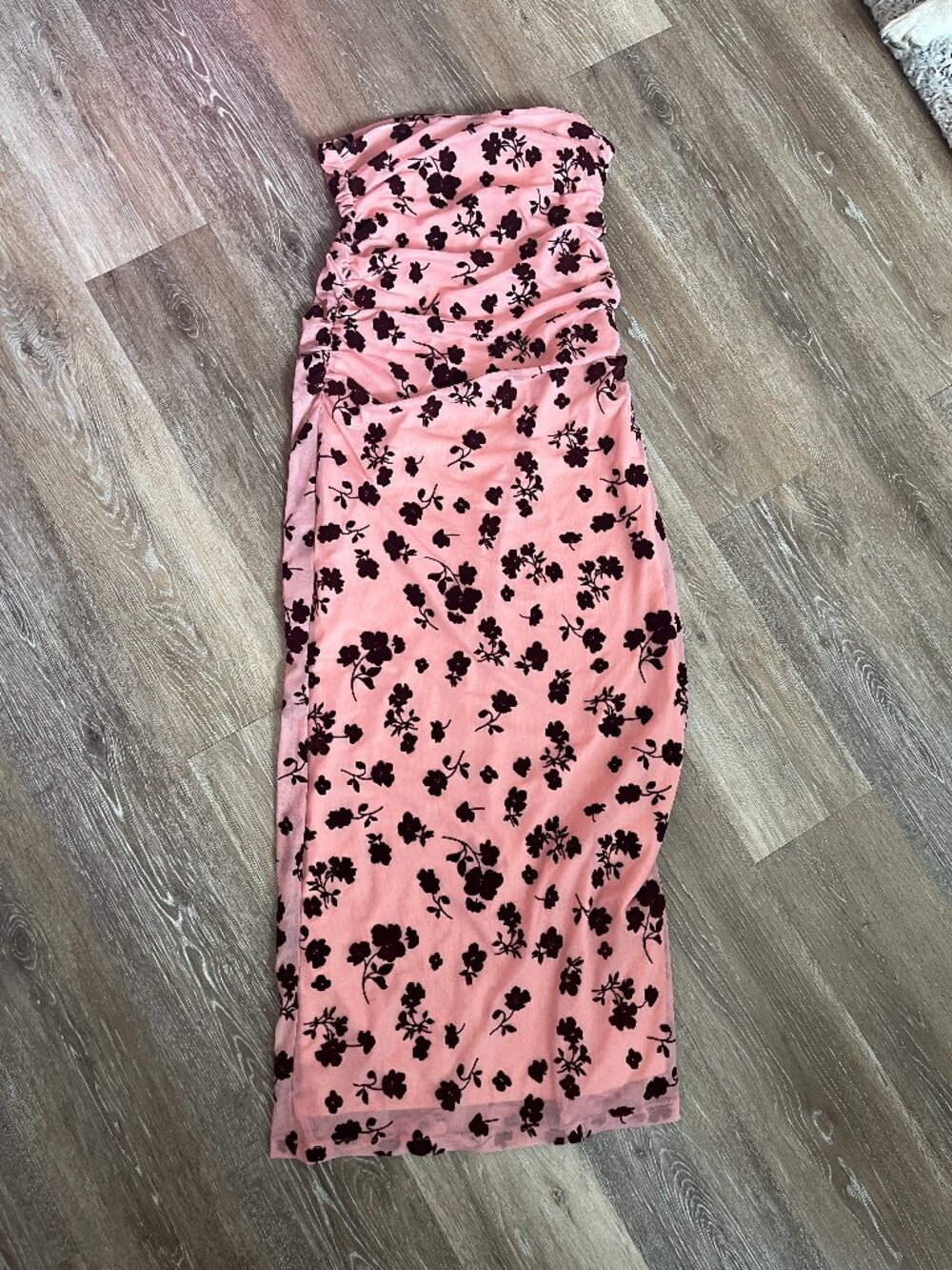 Pink Floral Burgundy/Oxblood Velvet Burnout Strapless/Bandeau Midi Dress